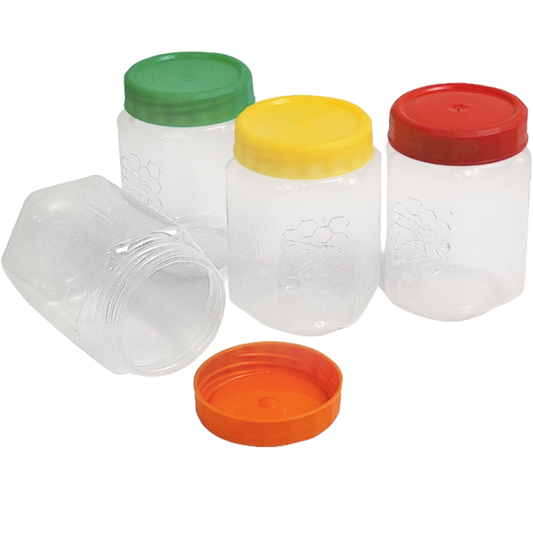 Šestougaona plastična tegla za med sa poklopcem – 360 ml