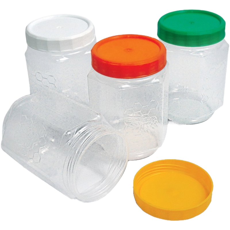 Šestougaona plastična tegla za med sa poklopcem – 720 ml