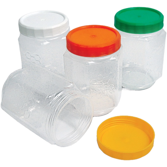 Šestougaona plastična tegla za med sa poklopcem – 720 ml